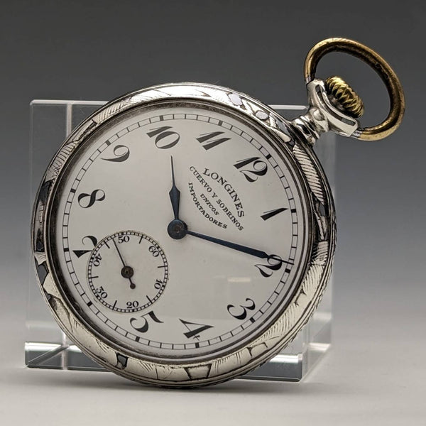 1921 年左右古董浪琴懷錶 Niello 裝飾銀色側殼 效果很好